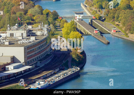 Panoramic view of floodgate in Basel and Rhein River, Switzerland. Stock Photo