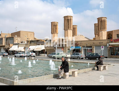 Yazd, Iran - March 7, 2017 : Windcatchers in Amir Chakhmaq square. Wind tower is a traditional Persian architectural element to create natural ventila Stock Photo