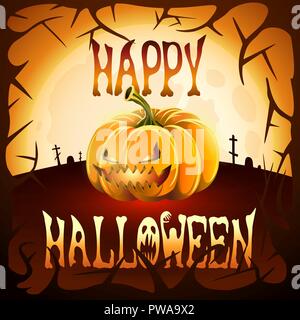 Happy Halloween. Halloween pumpkins with luminous eyes and mouth on the background of the glowing moon and cemetery Stock Vector