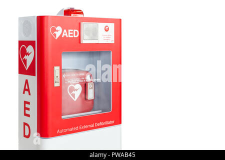 AED box or Automated External Defibrillator medical first aid device isolated on white background Stock Photo