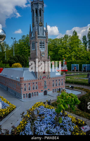 BRUSSELS, BELGIUM - 17 April 2017: Miniatures at the park Mini-Europe - reproduction of the the Belfry in Bruges, Belgium, Europe Stock Photo