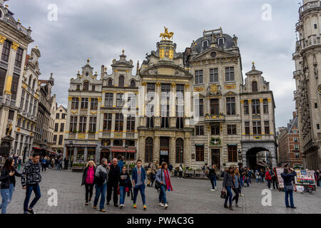 Brussels, Belgium - April 17 : Tourists visit the markt square at night ...