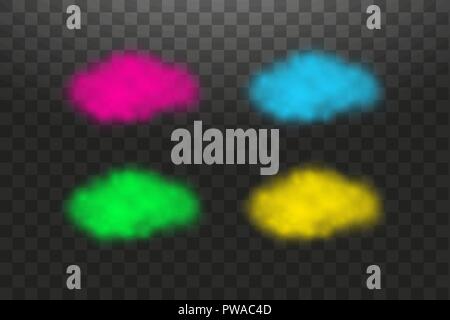 Bright vector cloudiness, mist or smog background. Set of colorful fog or smoke isolated, transparent special effect. Vector illustration Stock Vector