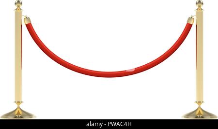 Barriers with red rope. Red carpet event enterance gate. VIP zone, closed event restriction. Realistic image of golden poles with velvet rope. Isolated on white background. Vector illustration. Stock Vector