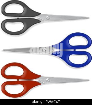 Realistic scissors ser with black, blue and red handle. Professional or hobby tool. Detailed graphic design element. Office supply, school stationery. Isolated on white background. Vector illustration Stock Vector