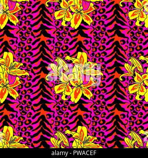 Brush painted tiger seamless pattern. Pink leopard spots and yellow lilly background. Stock Vector