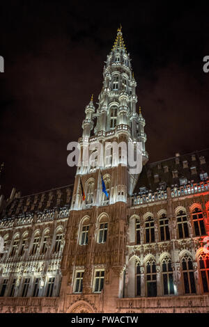 The palace of Brussels illuminated at night in market square at Brussels, Belgium, Europe at night Stock Photo