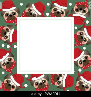 Pug Santa Claus Dog with Red Scarf on Green Banner Card. Vector Illustration. Stock Vector