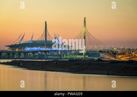 RUSSIA, SAINT PETERSBURG - June 11, 2017: The bridge along the Gulf of Finland and the football stadium Zenit Arena. Stock Photo