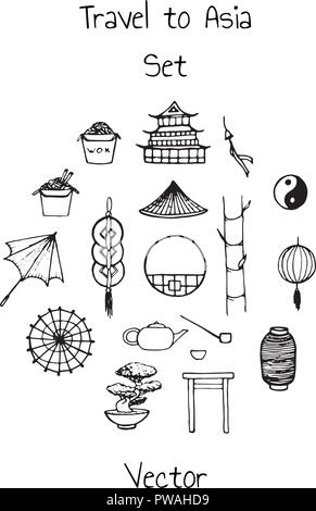 Vector asian set. Includes oriental elements contours: umbrellas, japanese lucky cats, coins,  lanterns, bonsai, torii gates, noodles, traditional hat Stock Vector