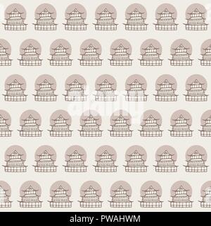 Vector hand drawn seamless pattern with japanese temples contours on beige background. Asian architecture. Stock Vector