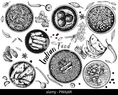 Hand drawn sketch style Indian food isolated on white background. Vector illustration. Stock Vector
