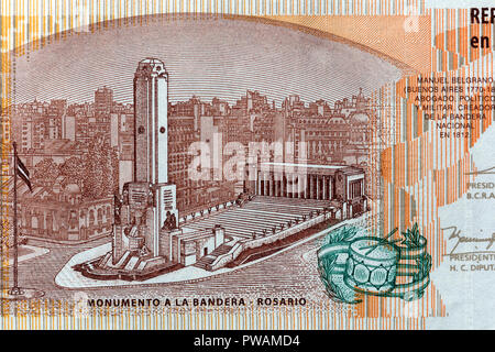 National Flag Memorial, Monumento Nacional a la Bandera, Rosario from 10 pesos banknote, Argentina Stock Photo