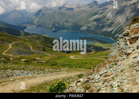 Beautifull glacier-mountain lake Silvaplana seen from Furtschella in the swiss alps of the upper Engadin. Stock Photo