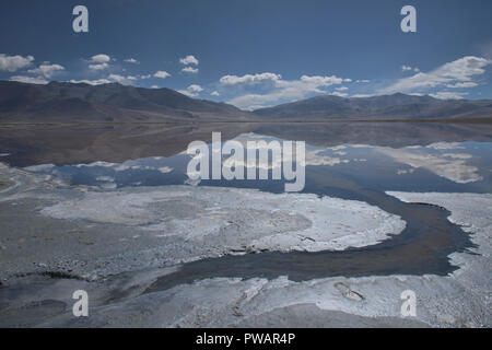 Reflections and salt deposits, Tso Kar Lake, Ladakh, India Stock Photo