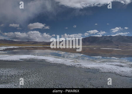 Reflections and salt deposits, Tso Kar Lake, Ladakh, India Stock Photo