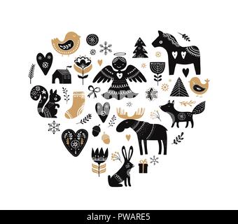 Christmas illustrations, banner design hand drawn elements in Scandinavian style Stock Vector