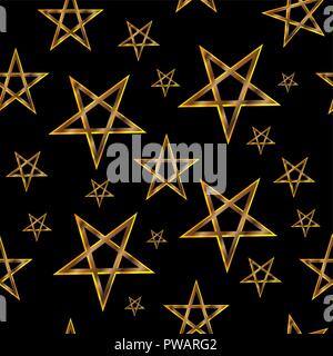Pentagram seamless pattern,  magic occult star symbol, golden vector on black background, Stock Vector