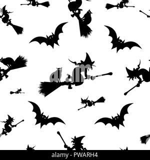 Witch on the broom - seamless pattern - vector, Halloween pattern black witch silhouette flying on broom Stock Vector