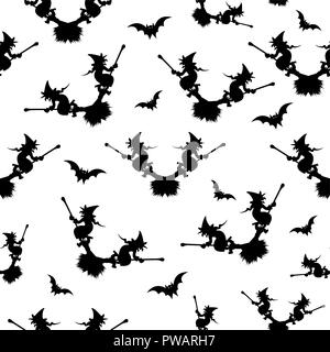 Witch on the broom - seamless pattern - vector, Halloween pattern black witch silhouette flying on broom Stock Vector