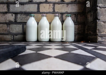 Four milk bottles on a doorstep of a terraced house in London Stock Photo
