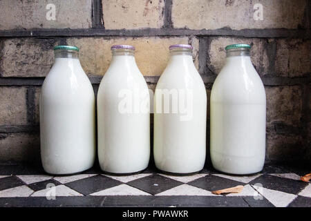Four milk bottles on a doorstep of a terraced house in London Stock Photo