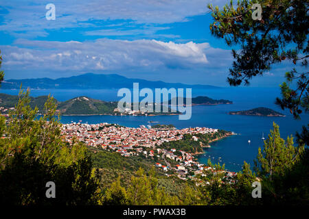 Panoramic view of Skiathos town, Skiathos island, Northern Sporades, Magnessia, Thessaly, Greece. Stock Photo