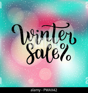 Winter sale hand written inscription with isolated on blurred abstract background with snowflakes.  illustration. Lettering. Postcard for winter seaso Stock Photo
