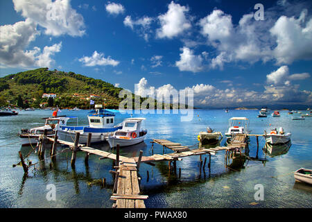 Fishing boats close to the shipyard of Agios Georgios and next to the airport of Skiathos island, Northern Sporades, Magnessia, Thessaly, Greece Stock Photo