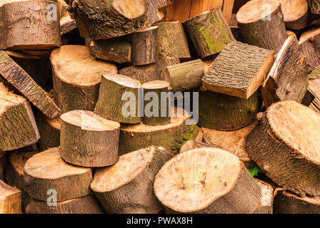 A full frame image of a haphazard pile of logs in a woodyard. 15 September 2007. Stock Photo