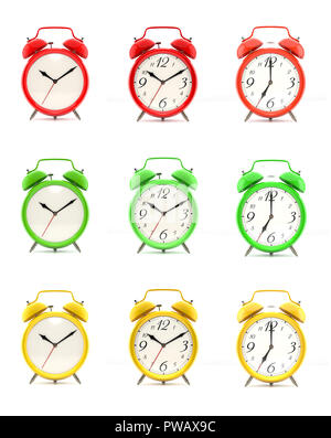 Set of nine vintage alarm clocks in green, red and yellow, with and without numbers, isolated on white background. 3D illustration Stock Photo