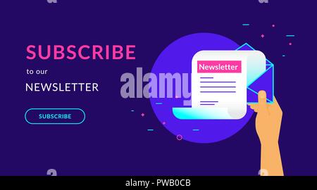 Subscribe to our newsletter flat vector neon illustration for web banner with text and button. Human hand holds newsletter flying out the open envelop Stock Vector