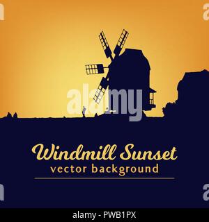 Windmill silhouette on sunset vector illustration. Background for bakery logo design. Stock Vector