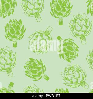 Green artichoke seamless vector background. Hand drawn artichoke hearts pattern. Stock Vector