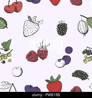 Berries seamless pattern. Vintage hand drawn berries sketches. Cherry, strawberry, gooseberry, currant, raspberry, bilberry, blueberry, mulberry. Stock Vector