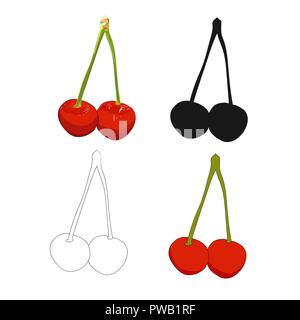 Red cherries vector illustration. Hand drawn sketch, outline and silhouette of cherry. Two cherries connected together with a stem. Stock Vector