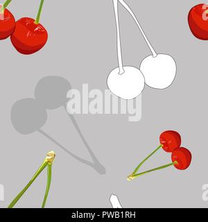 Red cherry seamless pattern. Two cherries connected together with a stem. Ripe tasty cherry seamless background. Stock Vector