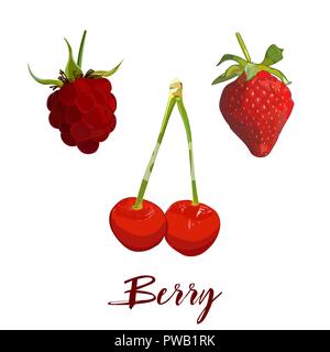 Strawberry, cherry ans raspberry isolated on white background. Two cherries connected together with a stem. Tasty red berries for your design. Stock Vector