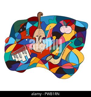 Musical instruments colorful abstract vector. Hand drawn doodles and musical instruments. Stock Vector