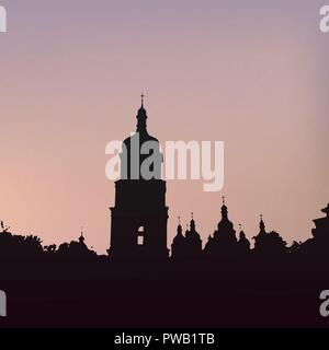 Silhouette of Saint Sophia's cathedral in Kiev. Horizon line on sunset. Church architecture skyline vector. Stock Vector
