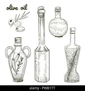 Oil bottles hand drawn sketch isolated on white background. Olives and different bottles shapes illustration. Stock Vector