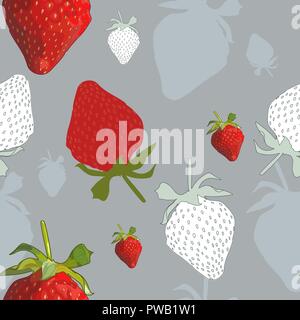 Strawberry seamless pattern. Hand drawn red berries and silhouettes on grey background. Stock Vector