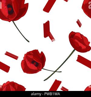 Red poppy flowers and paint smears seamless pattern. Poppy floral seamless background. Stock Vector