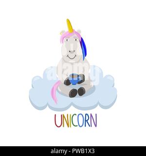 Unicorn sitting on the cloud with a cup of tea. Magic creature with colored hair drinks coffee sitting on the cloud. Stock Vector