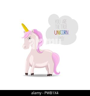 Unicorn with pink hair and a motivational quote in speech bubble. Magic pinkish horse with corn horn and pink hair isolated on white background. Stock Vector