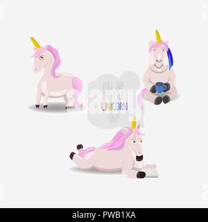 Unicorns with corn horns and a motivational quote. Three magic creatures with pink hair isolated on white background. Stock Vector