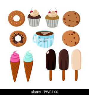 Desserts vector collection. Pastries and sundae. Donuts, ice-cream, cupcakes, cookies and a cup of coffee isolated. Stock Vector