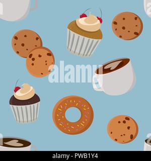 Mugs, cookies and muffins bakery seamless pattern. Pastries and coffee seamless background. Stock Vector