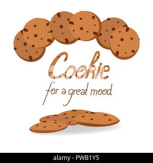 Oat cookies with chocolate chips vector illustration. Cookie for a great mood lettering. Stock Vector
