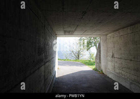 Dark tunnel with bright nature at the end Stock Photo